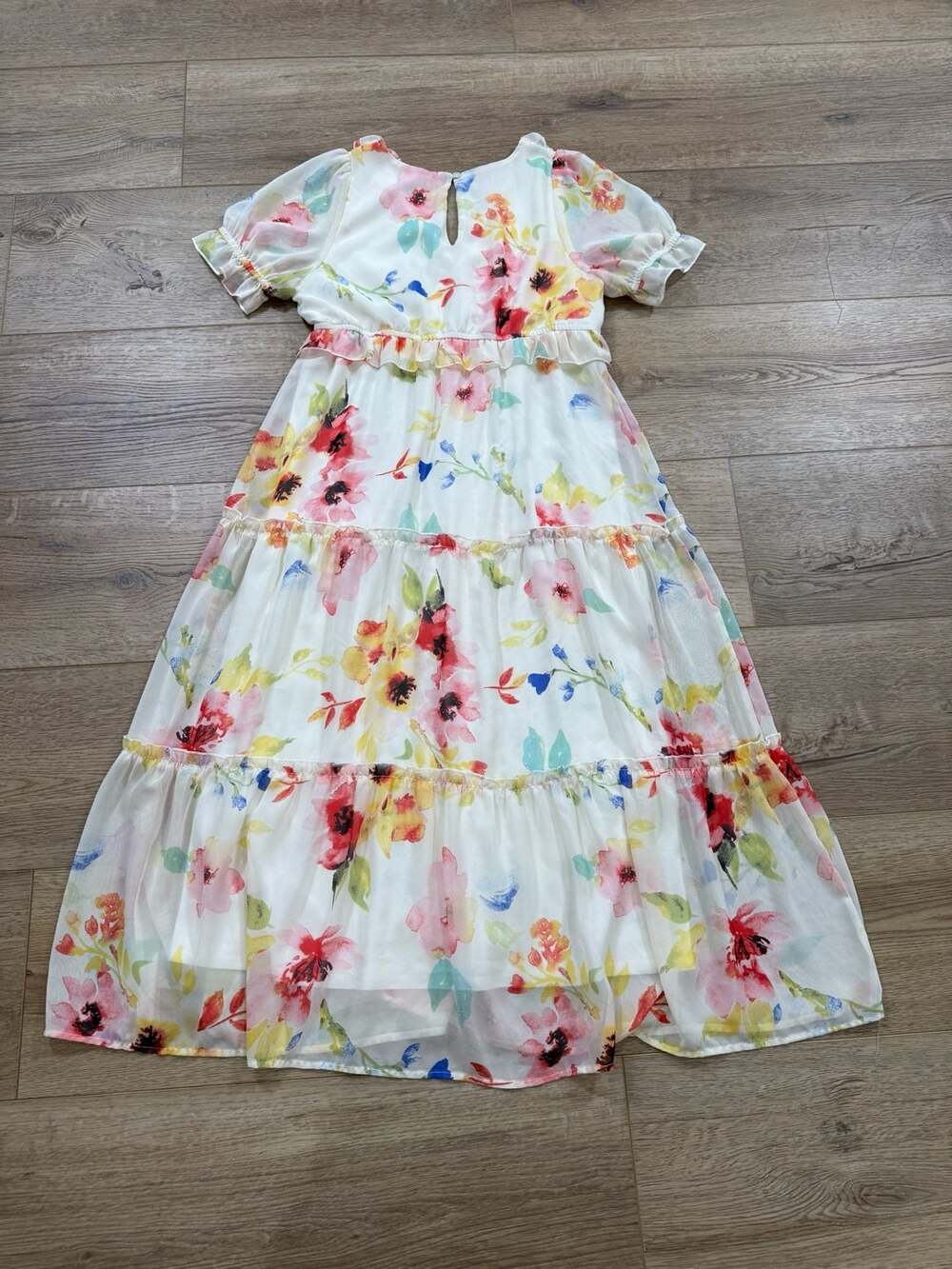 GeeGee Floral Tiered Chiffon Midi Dress Flutter Sleeve V-Neck Boho Women’s L - Picture 11 of 13